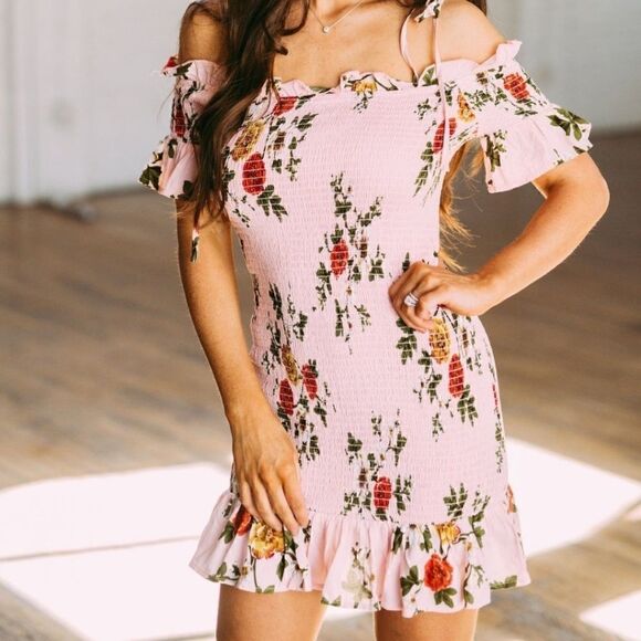 Pink Floral Print Smocked Dress, M - Picture 2 of 5